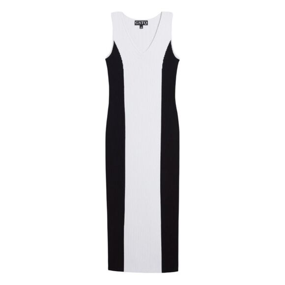 GSTQ Colorblock Sweater V-Neck Midi Dress Black White Knit M - Picture 3 of 11